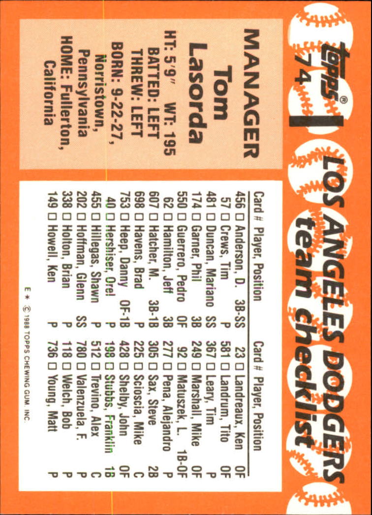 1988 Topps Tiffany #74 Tom Lasorda MG/(Checklist back) back image