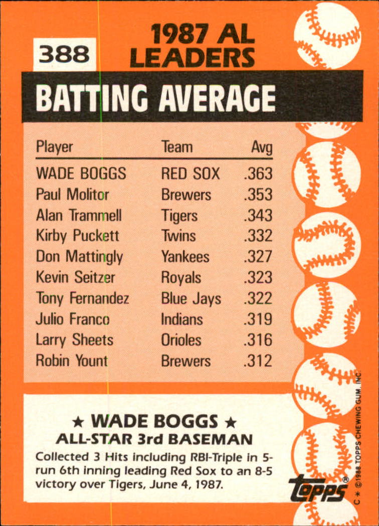 1988 Topps Tiffany #388 Wade Boggs AS back image