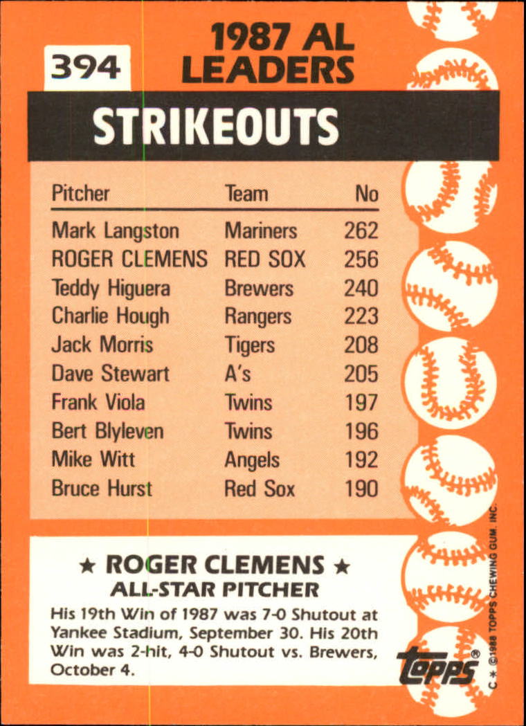 1988 Topps Tiffany #394 Roger Clemens AS back image