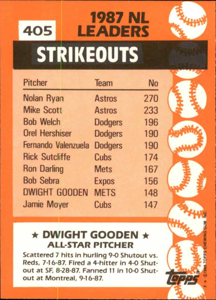 1988 Topps Tiffany #405 Dwight Gooden AS back image