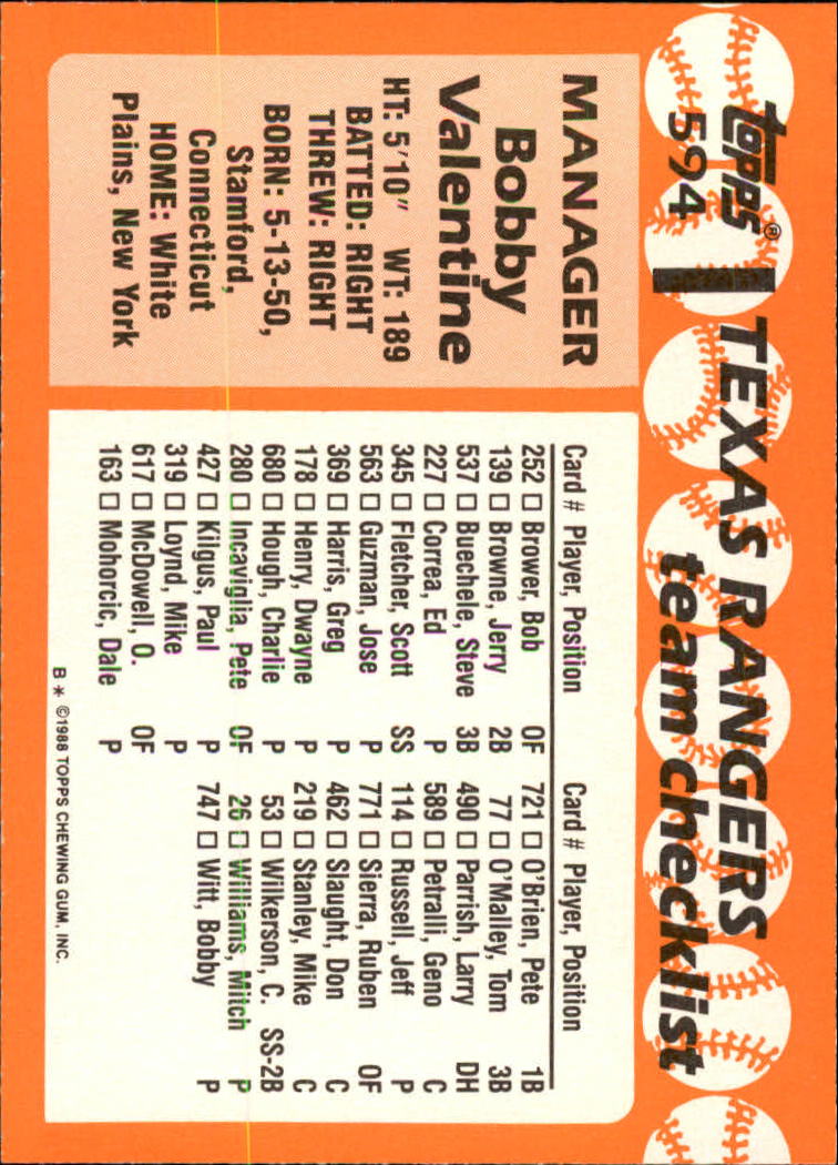 1988 Topps Tiffany #594 Bobby Valentine MG/(Checklist back) back image