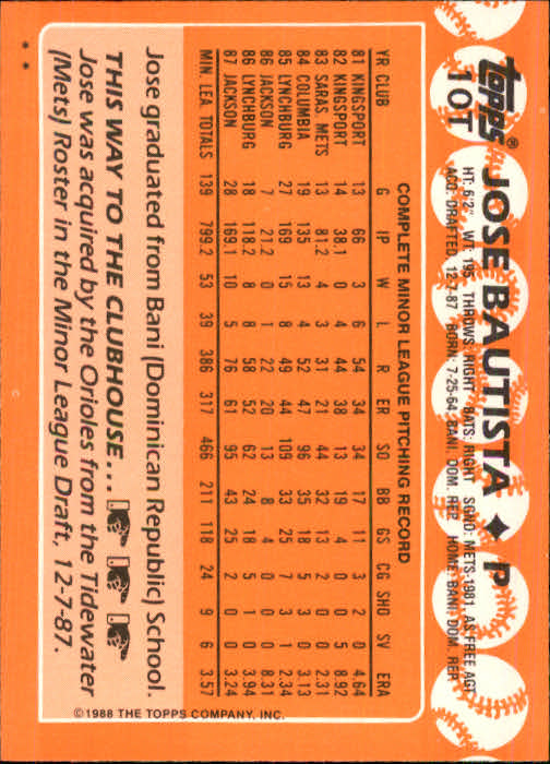 1988 Topps Traded #10T Jose Bautista XRC back image