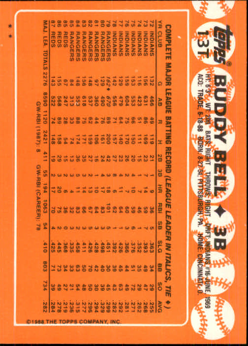 1988 Topps Traded #13T Buddy Bell back image