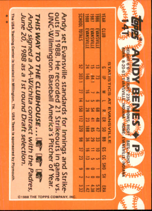 1988 Topps Traded #14T Andy Benes OLY XRC back image