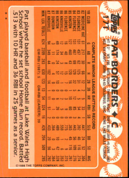 1988 Topps Traded #17T Pat Borders XRC back image