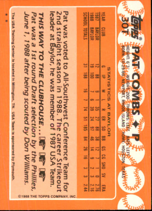 1988 Topps Traded #30T Pat Combs OLY XRC back image