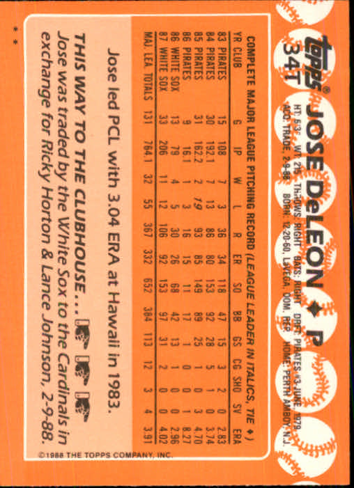 1988 Topps Traded #34T Jose DeLeon back image
