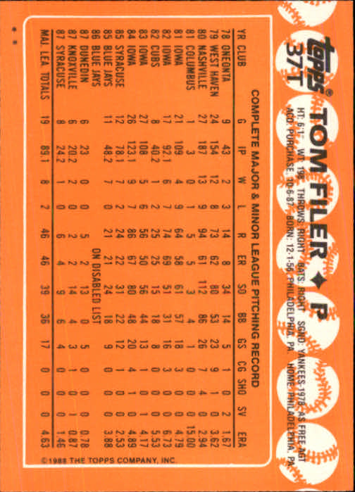 1988 Topps Traded #37T Tom Filer back image