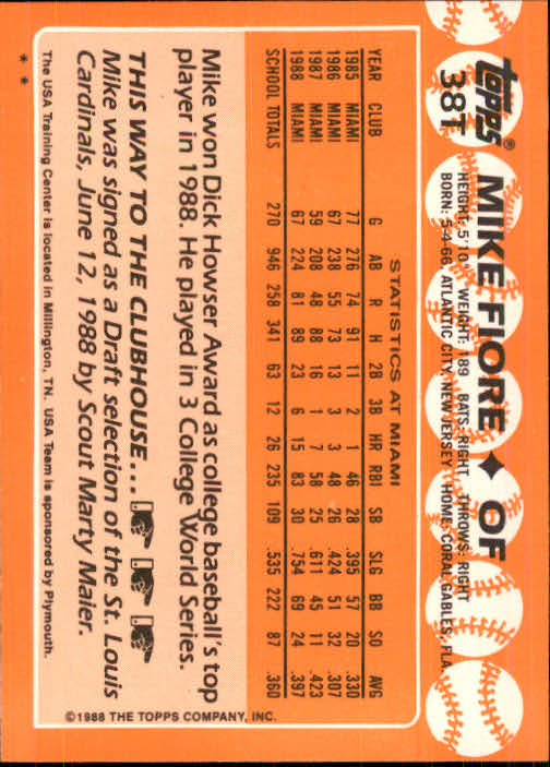 1988 Topps Traded #38T Mike Fiore OLY back image