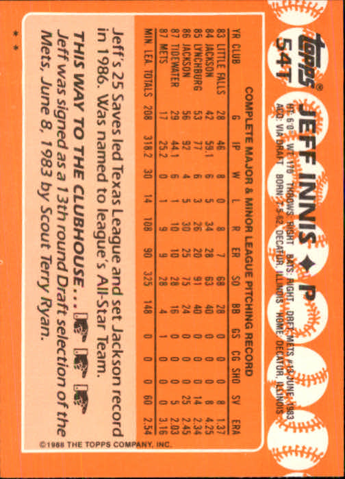1988 Topps Traded #54T Jeff Innis back image