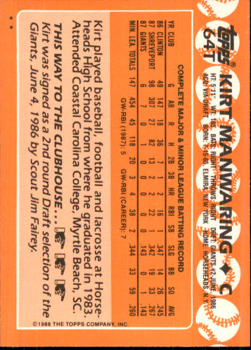 1988 Topps Traded #64T Kirt Manwaring back image