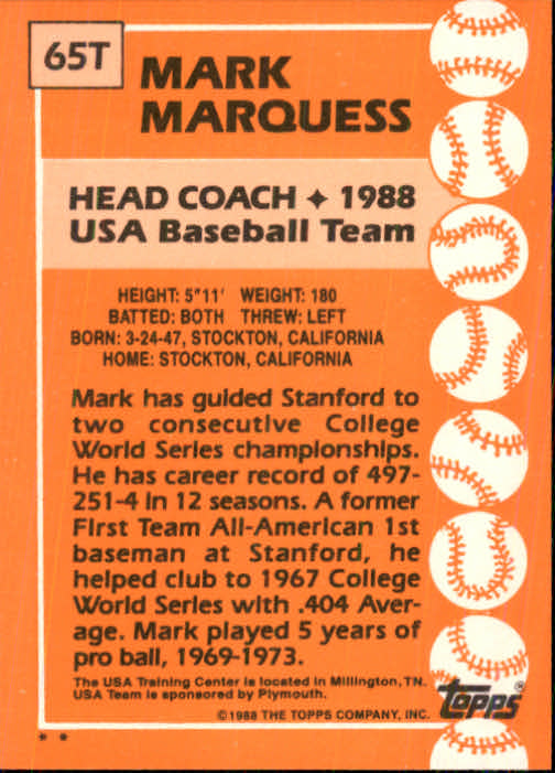 1988 Topps Traded #65T Mark Marquess OLY CO back image