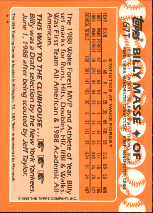 1988 Topps Traded #67T Billy Masse OLY XRC back image