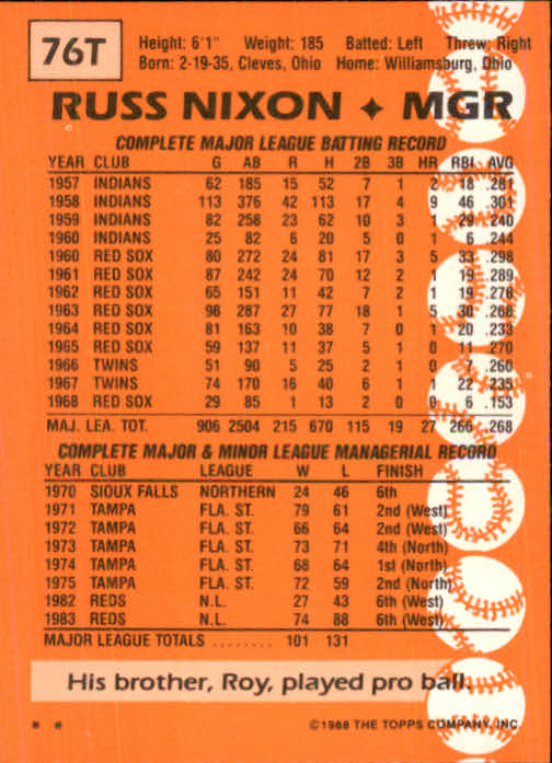1988 Topps Traded #76T Russ Nixon MG back image