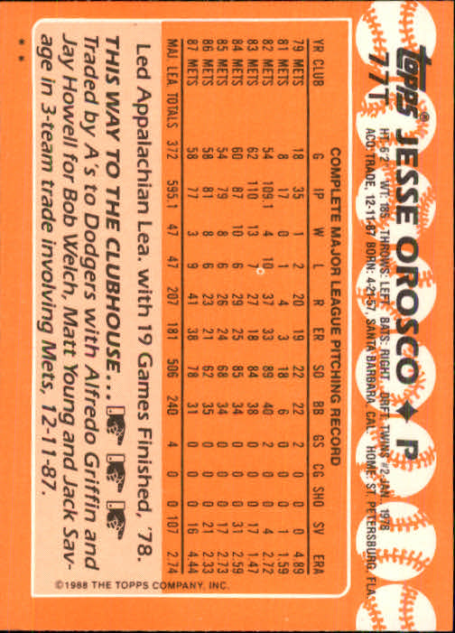 1988 Topps Traded #77T Jesse Orosco back image