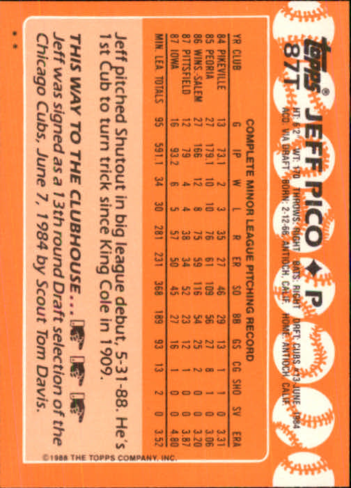 1988 Topps Traded #87T Jeff Pico back image