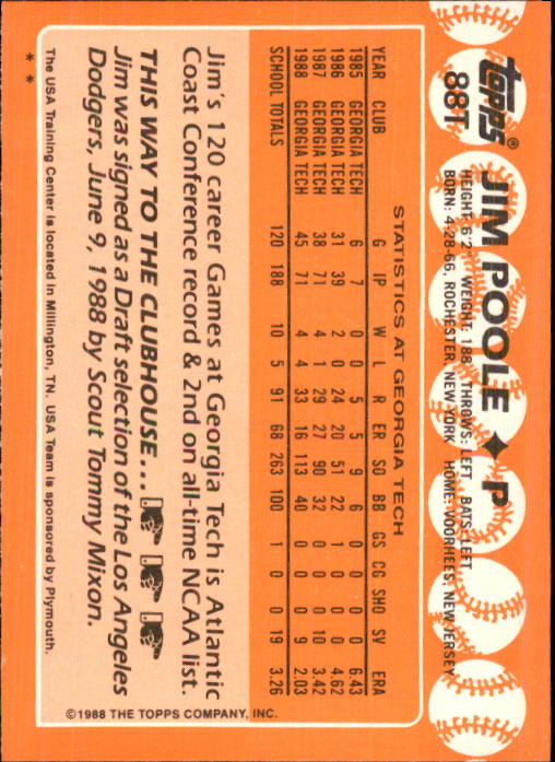 1988 Topps Traded #88T Jim Poole OLY XRC back image
