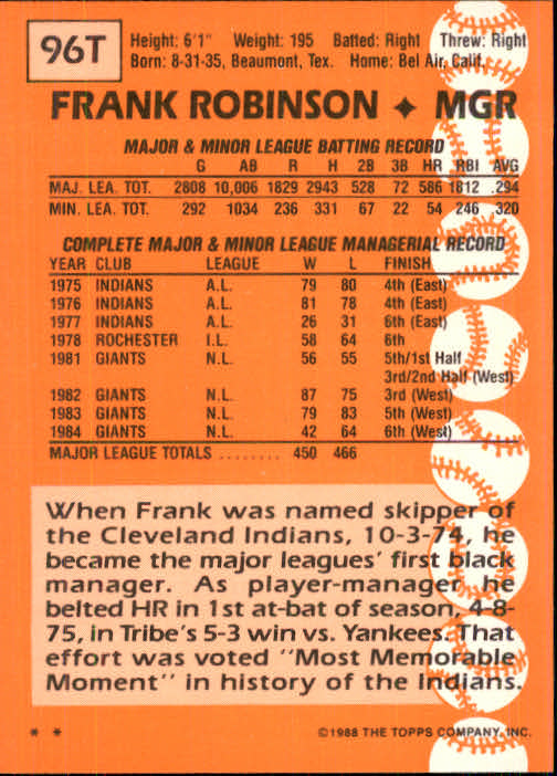 1988 Topps Traded #96T Frank Robinson MG back image