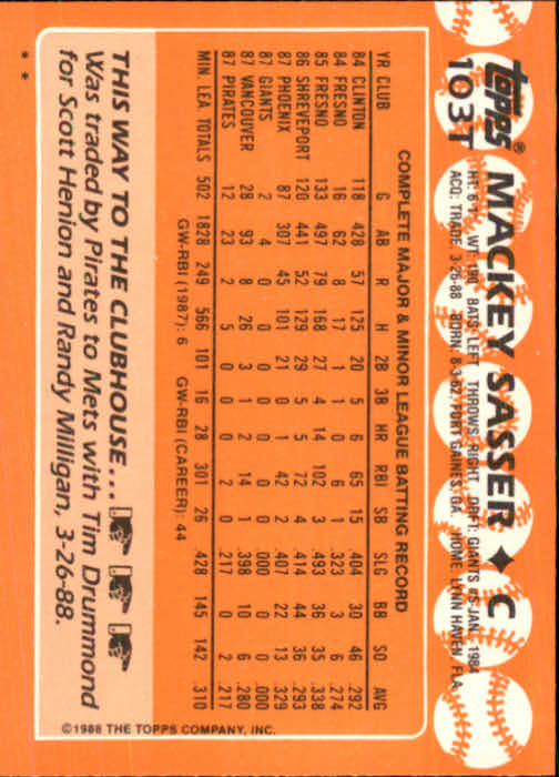 1988 Topps Traded #103T Mackey Sasser XRC back image