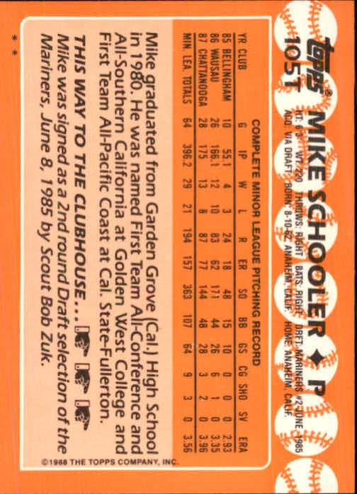 1988 Topps Traded #105T Mike Schooler back image