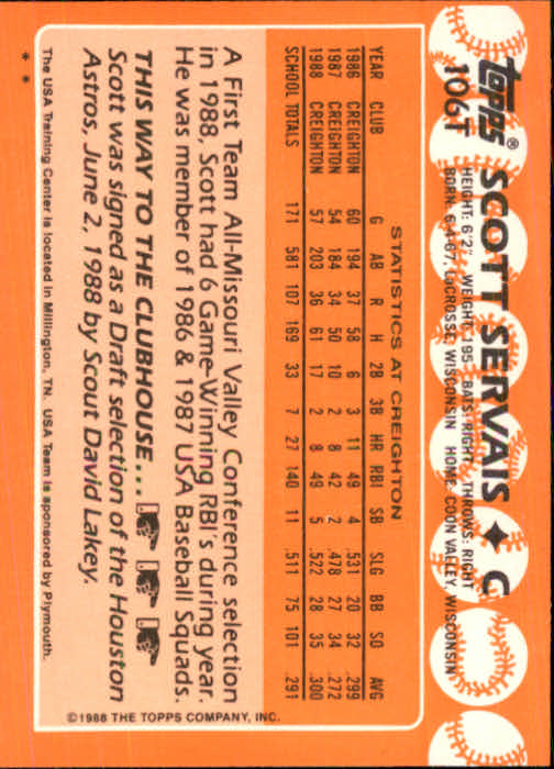 1988 Topps Traded #106T Scott Servais OLY XRC back image