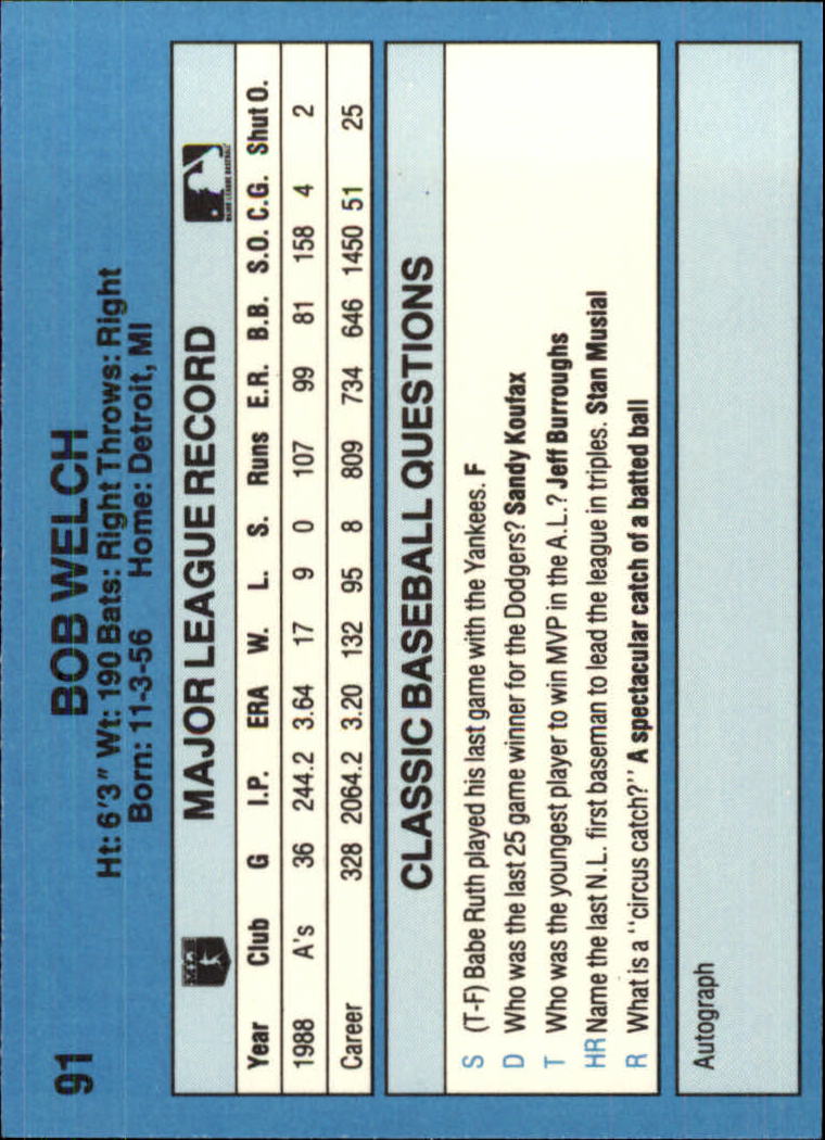 1989 Classic Light Blue #91 Bob Welch back image