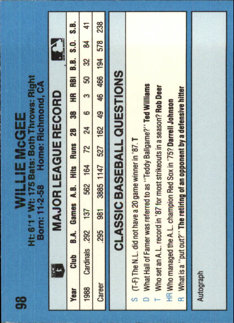 1989 Classic Light Blue #98 Willie McGee back image