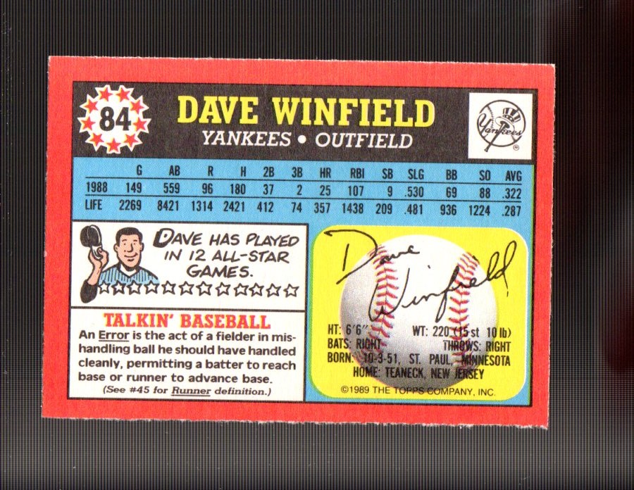 1989 Topps UK Minis #84 Dave Winfield back image