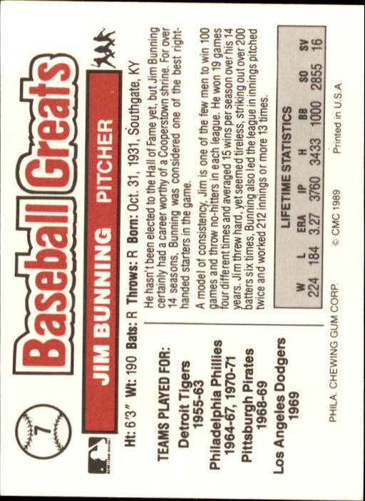 1989 Swell Baseball Greats #7 Jim Bunning back image