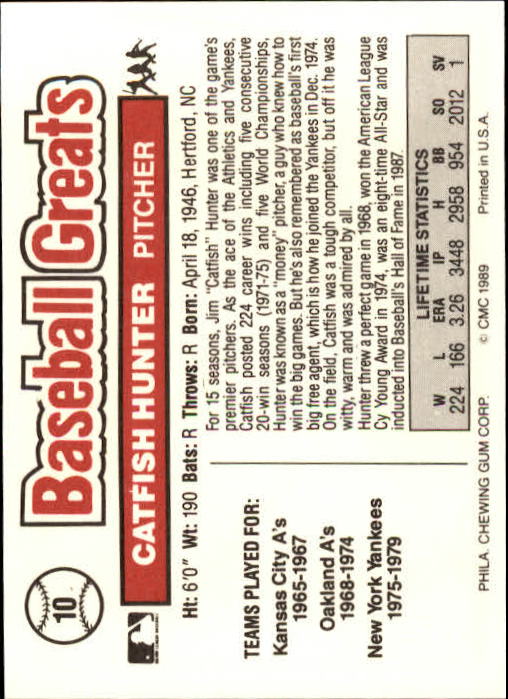 1989 Swell Baseball Greats #10 Jim Hunter back image