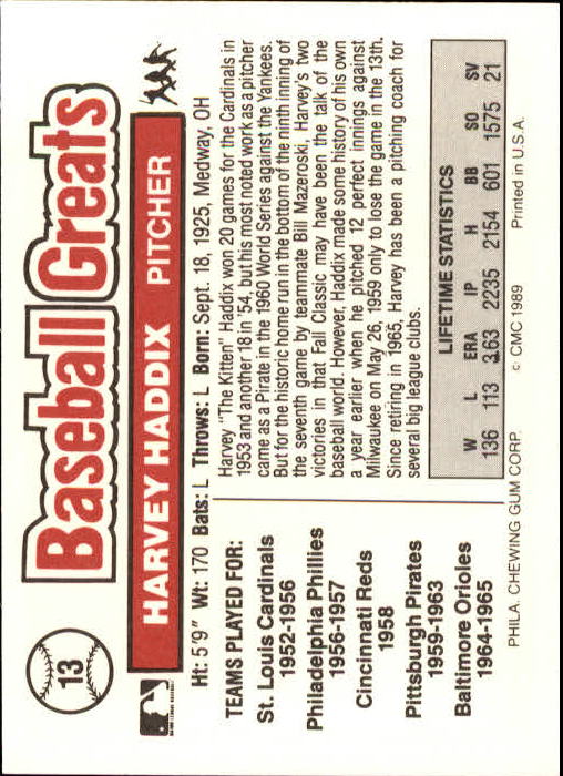1989 Swell Baseball Greats #13 Harvey Haddix UER/(Reverse negative) back image