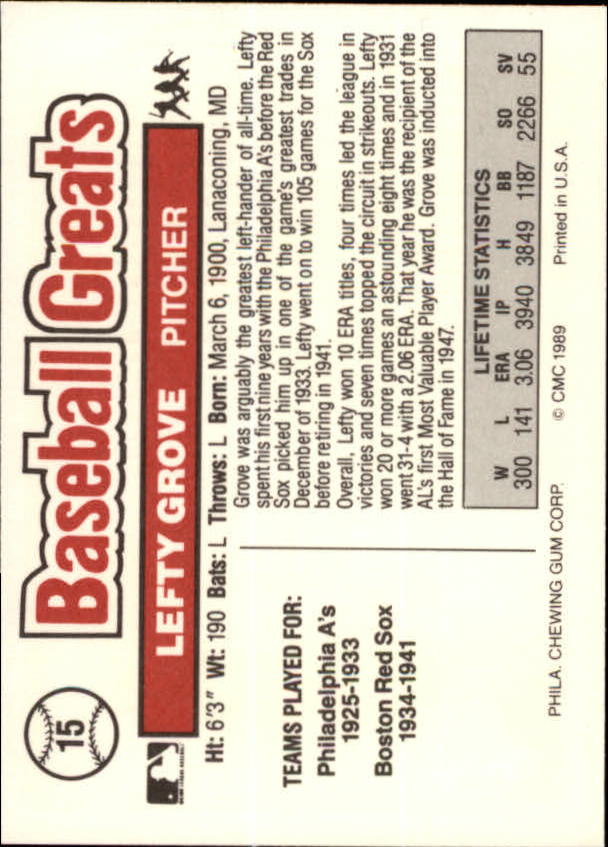 1989 Swell Baseball Greats #15 Lefty Grove back image