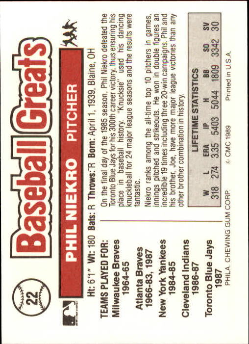 1989 Swell Baseball Greats #22 Phil Niekro back image