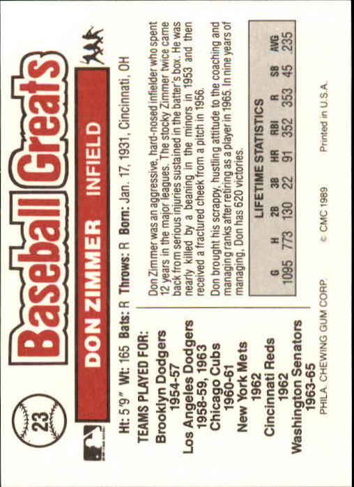 1989 Swell Baseball Greats #23 Don Zimmer back image