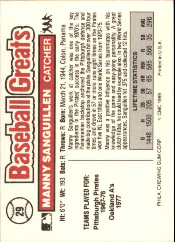 1989 Swell Baseball Greats #29 Manny Sanguillen back image