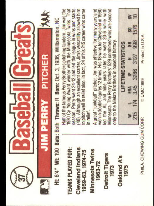 1989 Swell Baseball Greats #37 Jim Perry back image