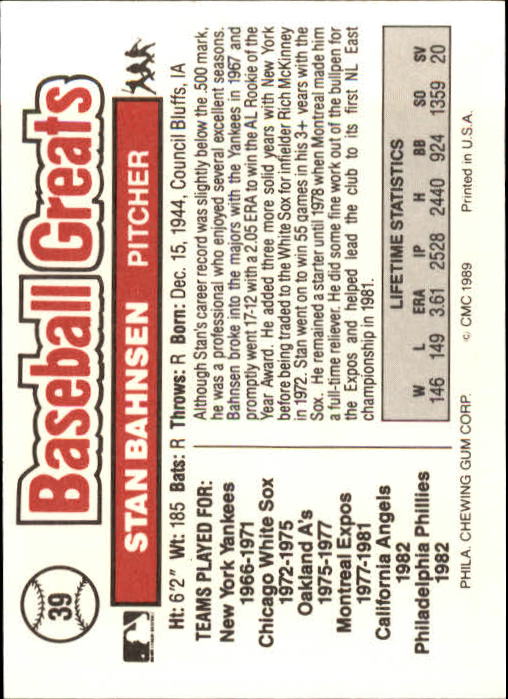 1989 Swell Baseball Greats #39 Stan Bahnsen back image