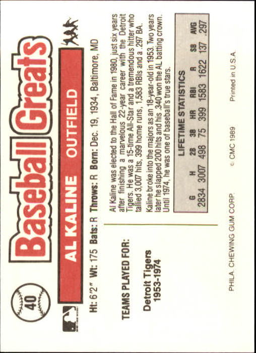 1989 Swell Baseball Greats #40 Al Kaline back image