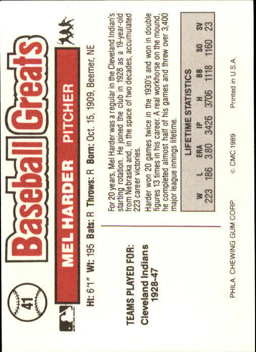 1989 Swell Baseball Greats #41 Mel Harder back image