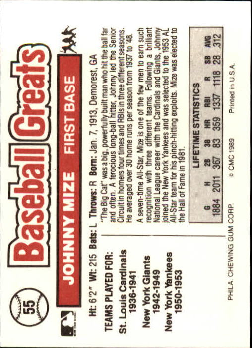 1989 Swell Baseball Greats #55 Johnny Mize back image
