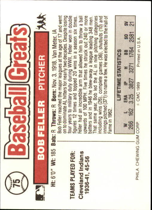 1989 Swell Baseball Greats #75 Bob Feller back image