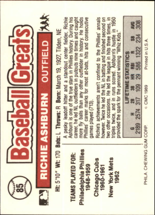 1989 Swell Baseball Greats #85 Richie Ashburn back image