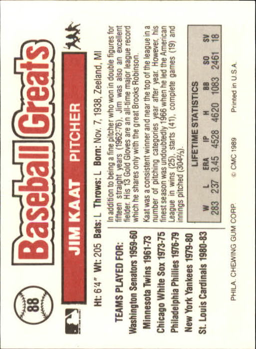 1989 Swell Baseball Greats #88 Jim Kaat back image