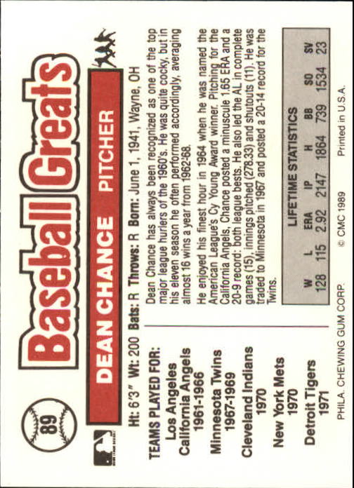 1989 Swell Baseball Greats #89 Dean Chance back image