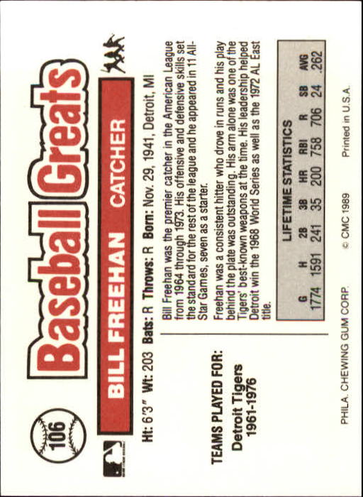 1989 Swell Baseball Greats #106 Bill Freehan back image