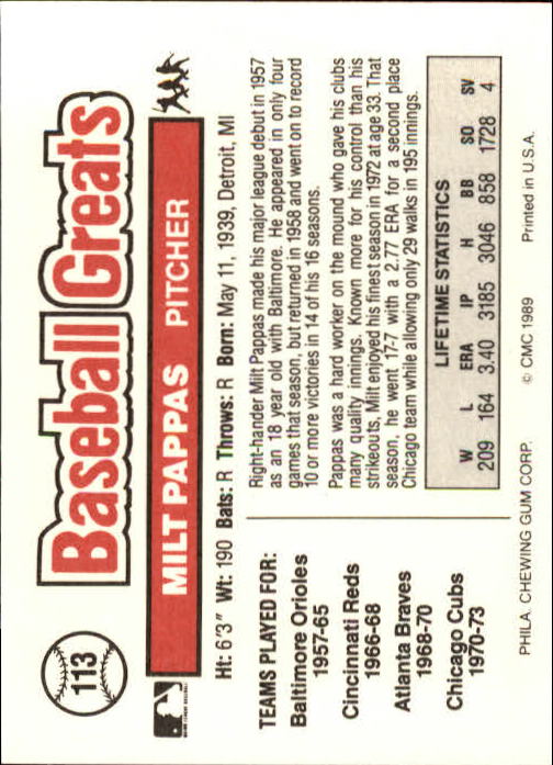 1989 Swell Baseball Greats #113 Milt Pappas back image