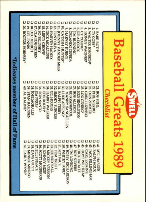 B3453- 1989 Swell Baseball Greats Card #s 1-135 -You Pick- 15+ FREE US SHIP - Picture 262 of 263