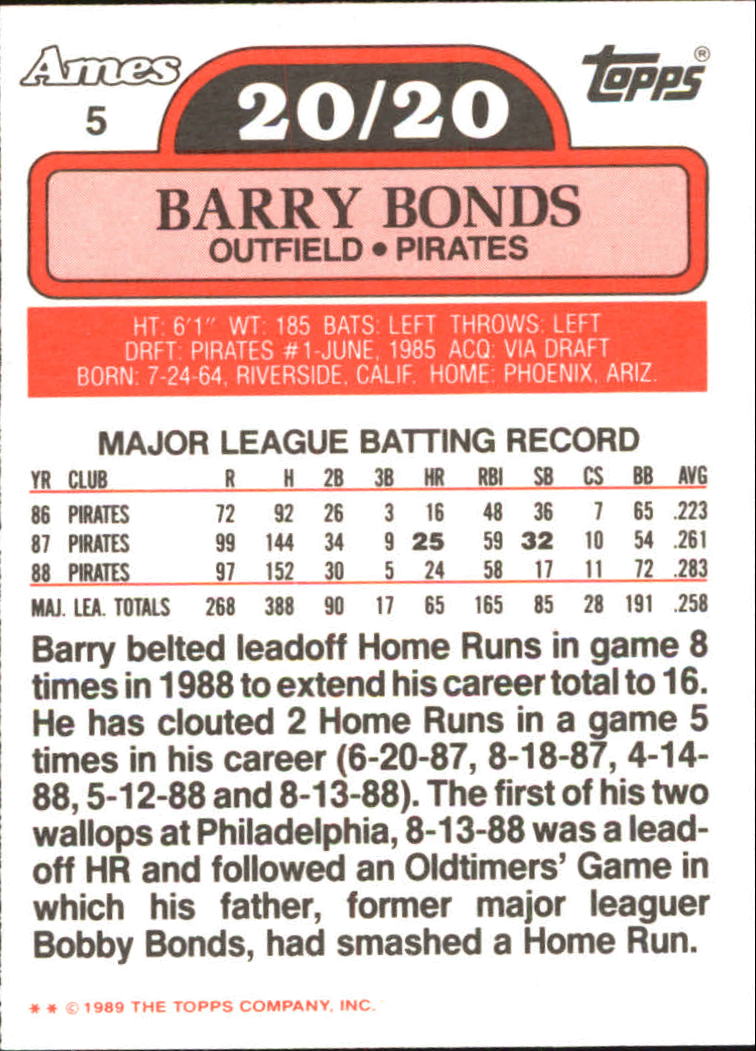1989 Topps Ames 20/20 Club #5 Barry Bonds back image