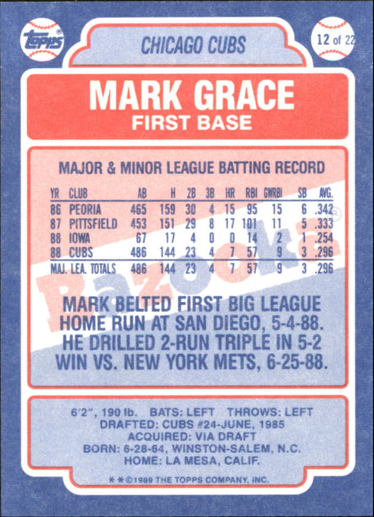 1989 Bazooka #12 Mark Grace back image