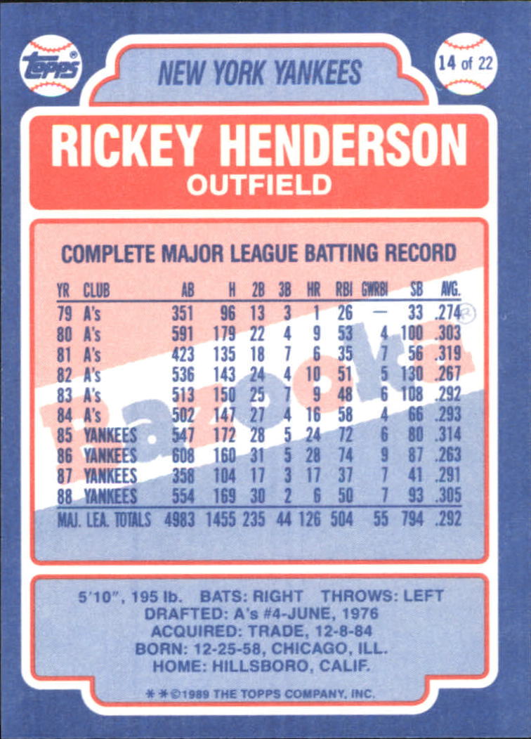 1989 Bazooka #14 Rickey Henderson back image